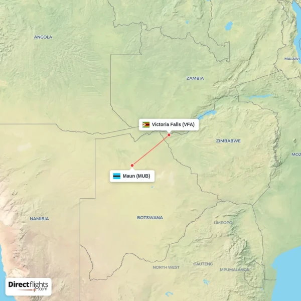 Maun - Victoria Falls direct flight map