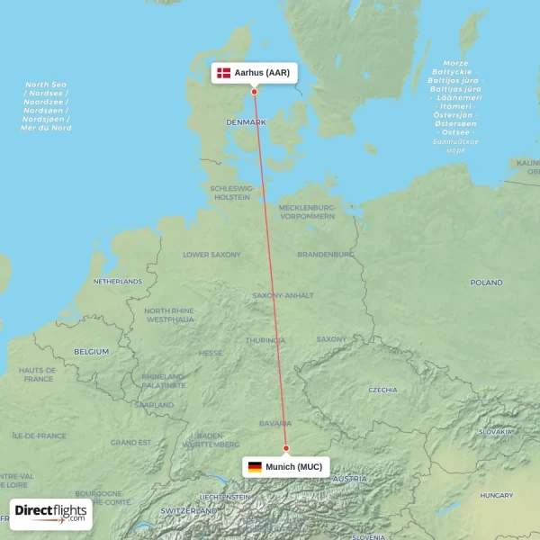 Munich - Aarhus direct flight map