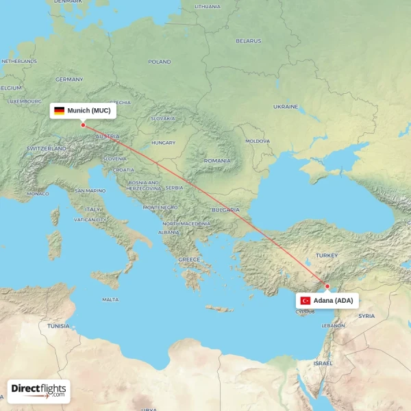Munich - Adana direct flight map