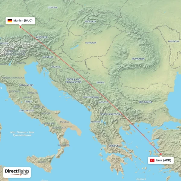 Munich - Izmir direct flight map