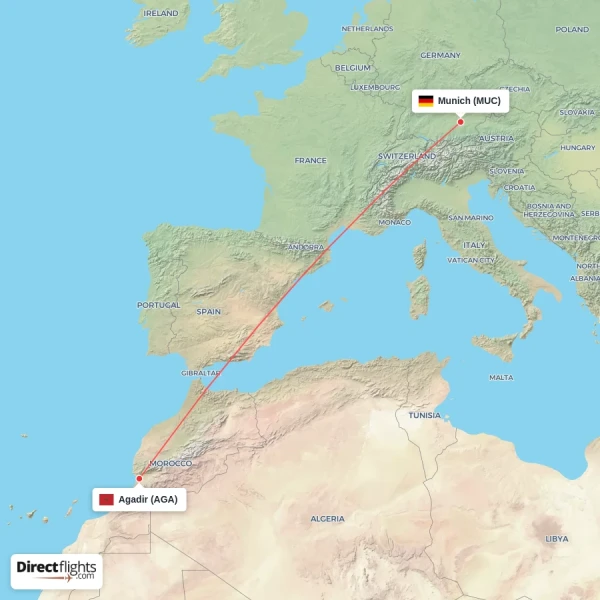 Munich - Agadir direct flight map
