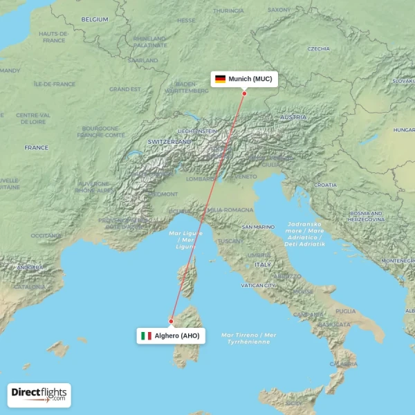 Munich - Alghero direct flight map