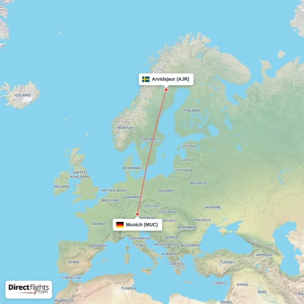 Munich - Arvidsjaur direct flight map