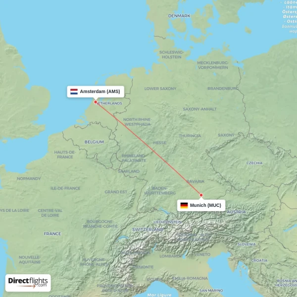 Munich - Amsterdam direct flight map