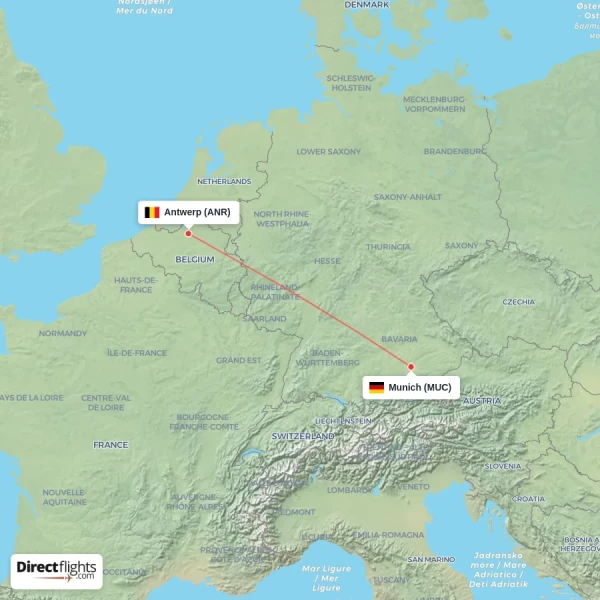 Munich - Antwerp direct flight map