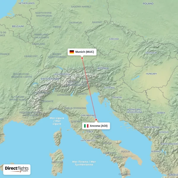 Munich - Ancona direct flight map
