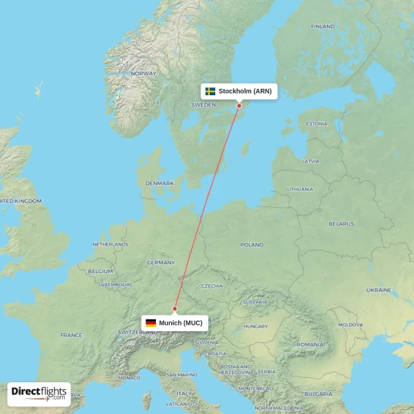 Munich - Stockholm direct flight map