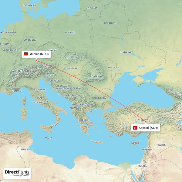 Munich - Kayseri direct flight map