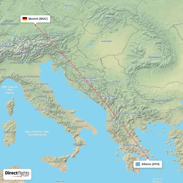 Munich - Athens direct flight map