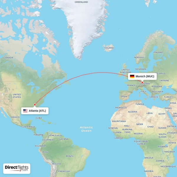 Munich - Atlanta direct flight map