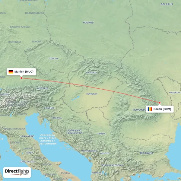 Munich - Bacau direct flight map