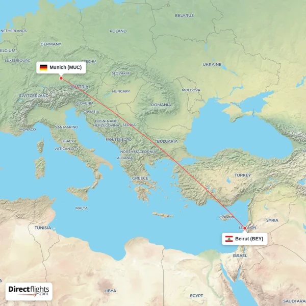 Munich - Beirut direct flight map