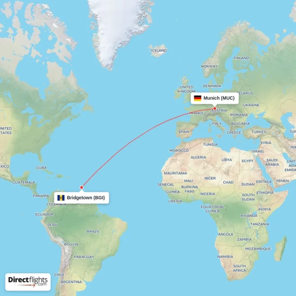 Munich - Bridgetown direct flight map