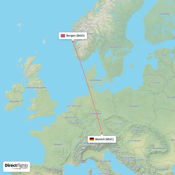 Munich - Bergen direct flight map