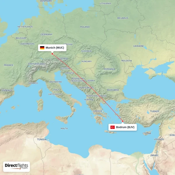 Munich - Bodrum direct flight map