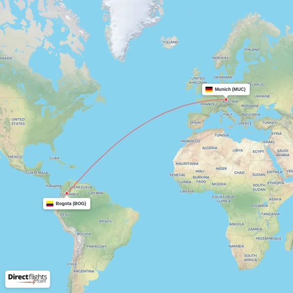 Munich - Bogota direct flight map
