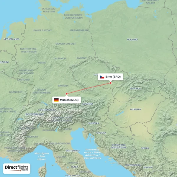 Munich - Brno direct flight map