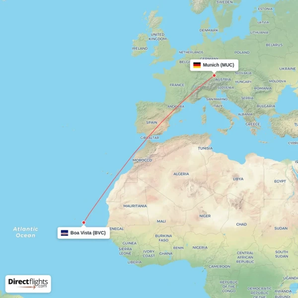 Munich - Boa Vista direct flight map