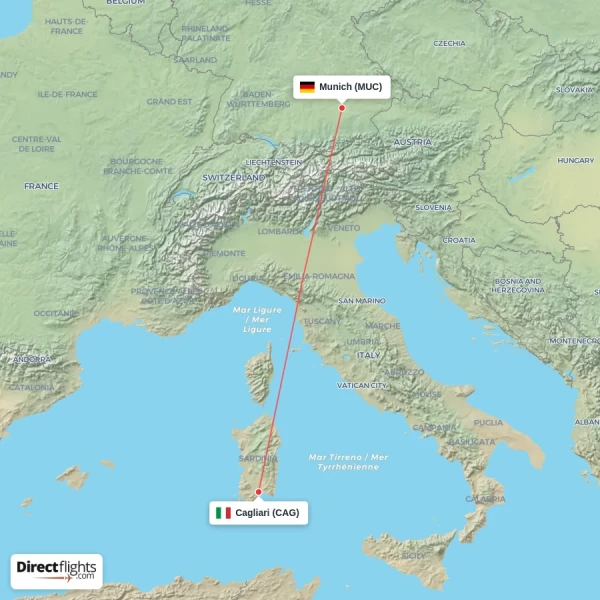 Munich - Cagliari direct flight map