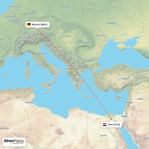 Munich - Cairo direct flight map