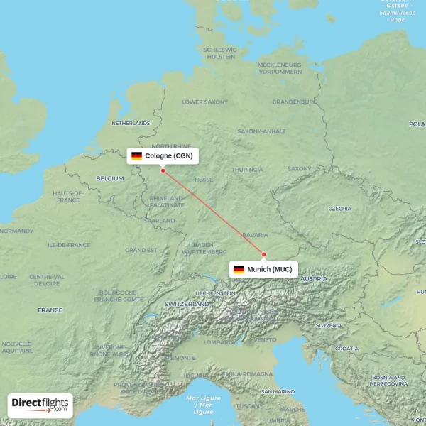 Munich - Cologne direct flight map