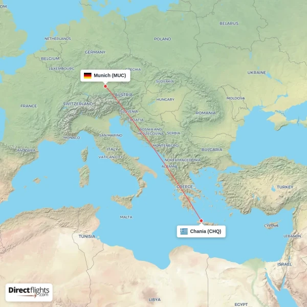 Munich - Chania direct flight map