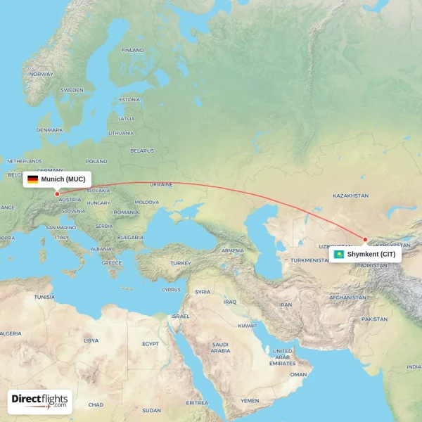Munich - Shymkent direct flight map