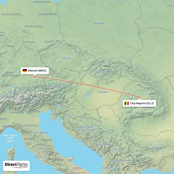Munich - Cluj-Napoca direct flight map