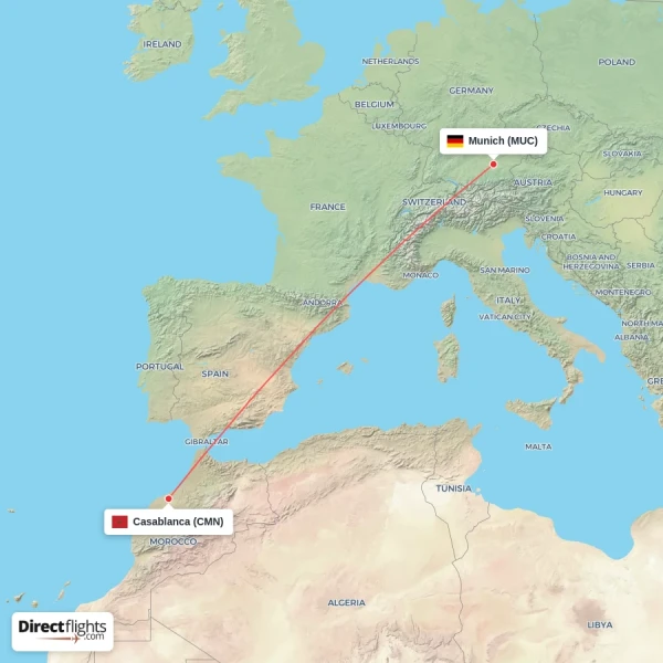 Munich - Casablanca direct flight map