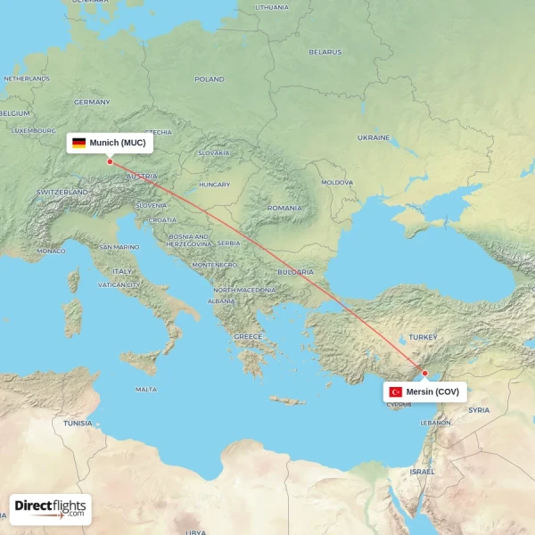Munich - Mersin direct flight map