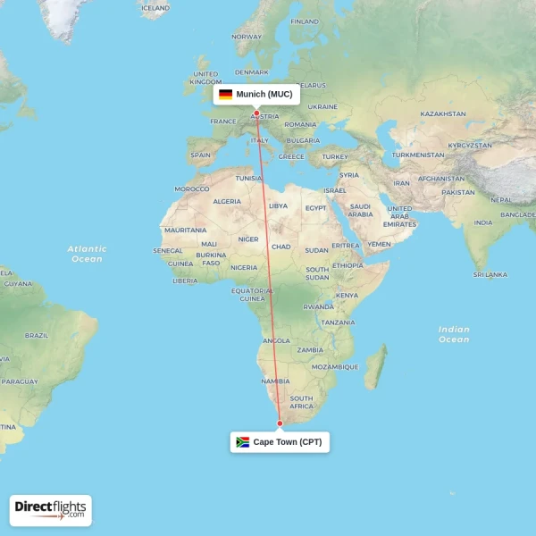 Munich - Cape Town direct flight map