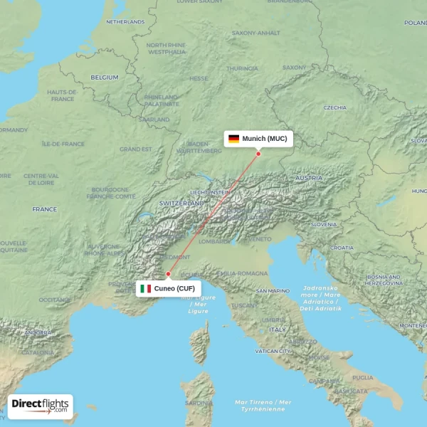 Munich - Cuneo direct flight map