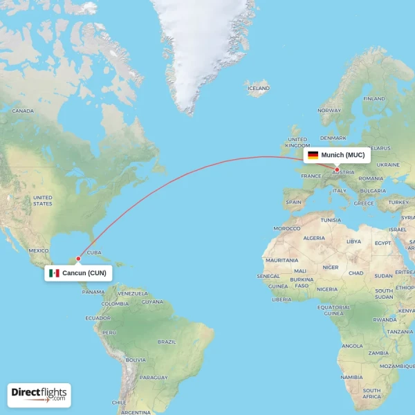 Munich - Cancun direct flight map