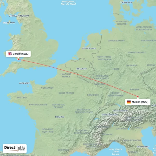 Munich - Cardiff direct flight map