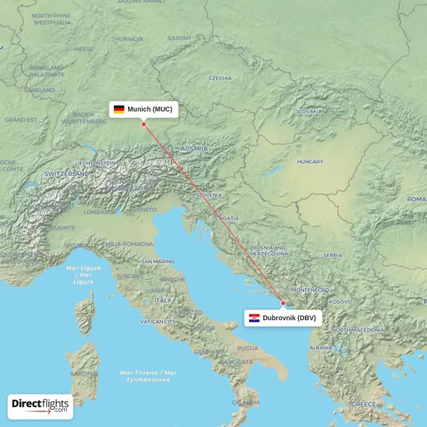 Munich - Dubrovnik direct flight map