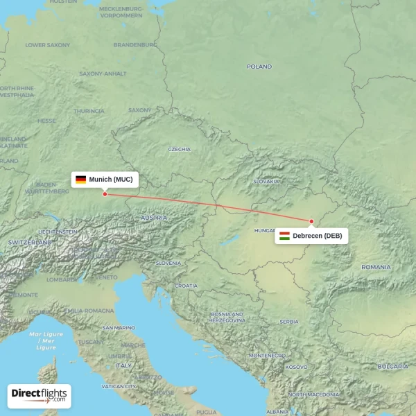 Munich - Debrecen direct flight map