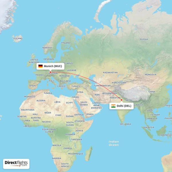 Munich - Delhi direct flight map