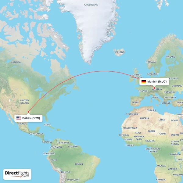 Munich - Dallas direct flight map