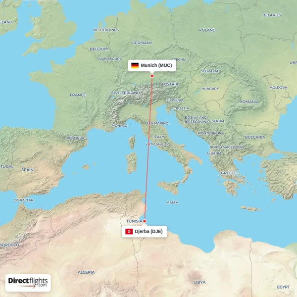 Munich - Djerba direct flight map