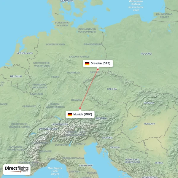 Munich - Dresden direct flight map