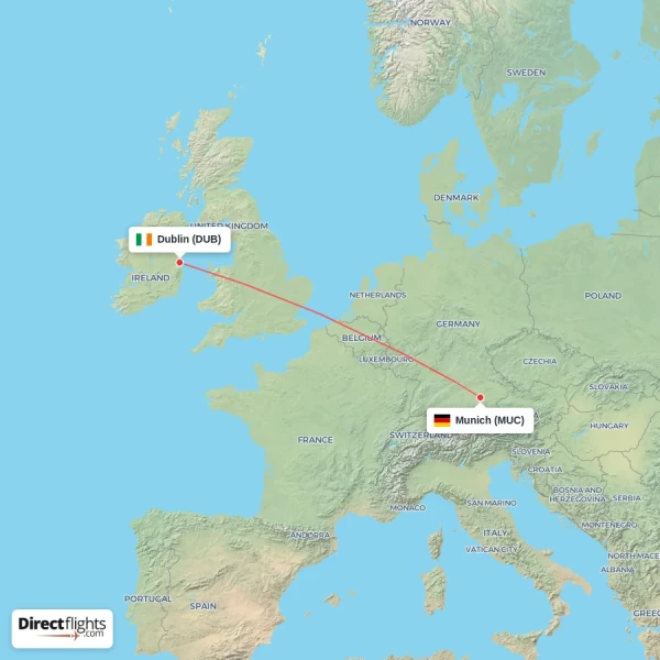 Munich - Dublin direct flight map