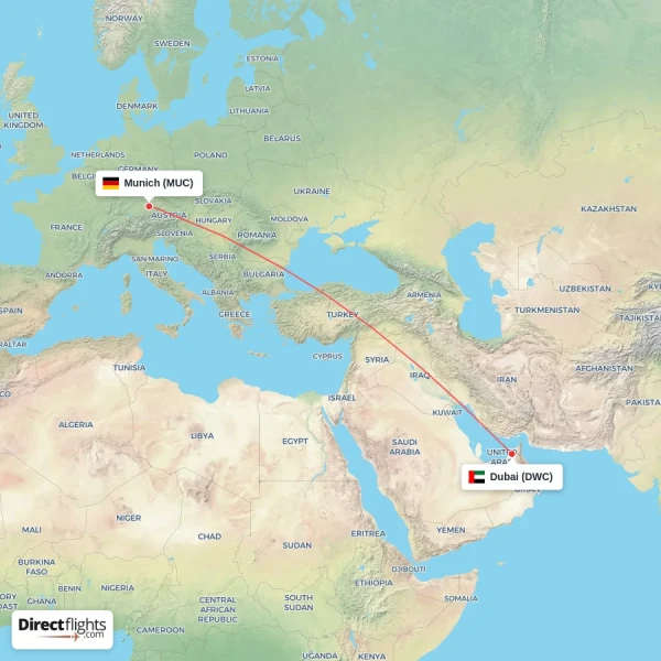 Munich - Dubai direct flight map