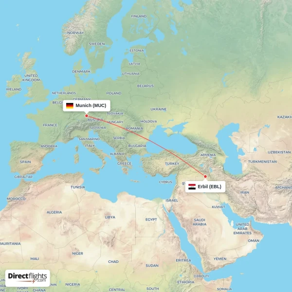 Munich - Erbil direct flight map