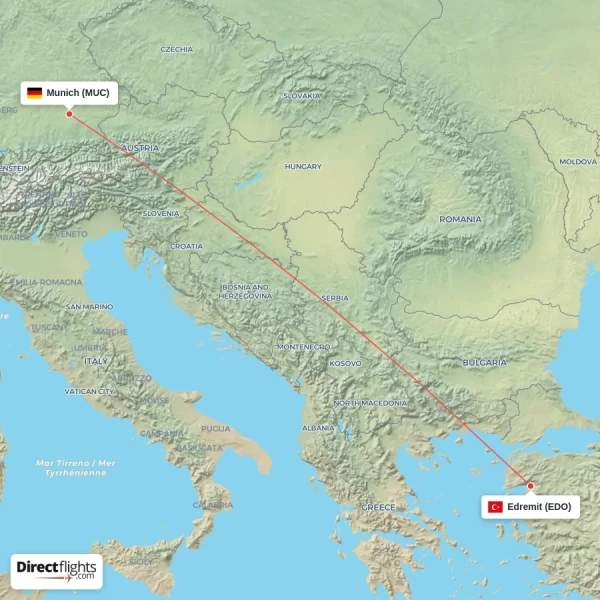 Munich - Edremit direct flight map