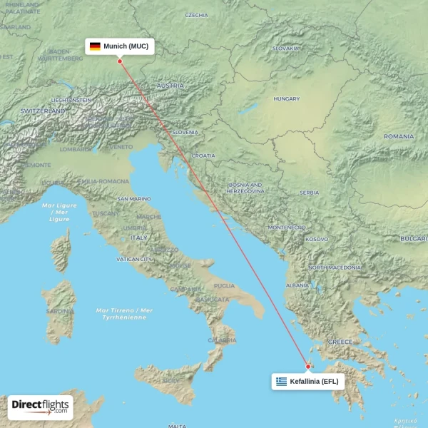 Munich - Kefallinia direct flight map