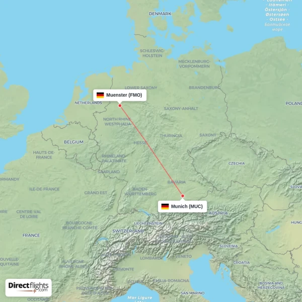 Munich - Muenster direct flight map