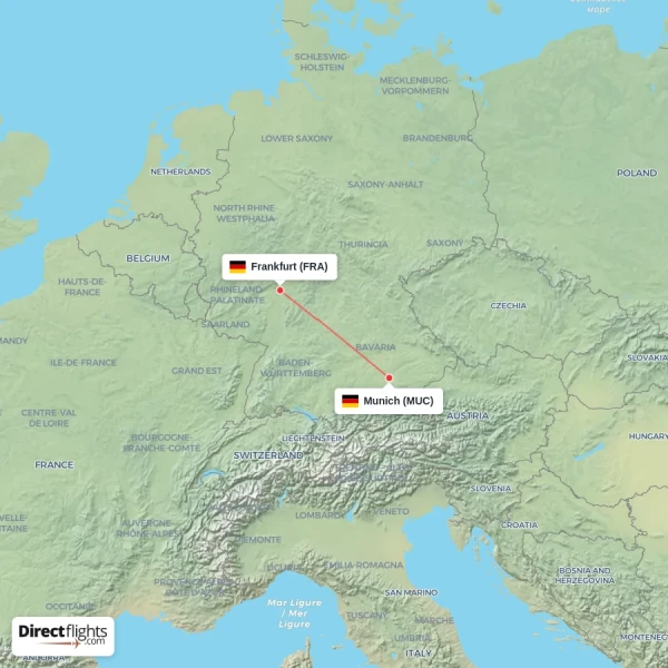 Munich - Frankfurt direct flight map
