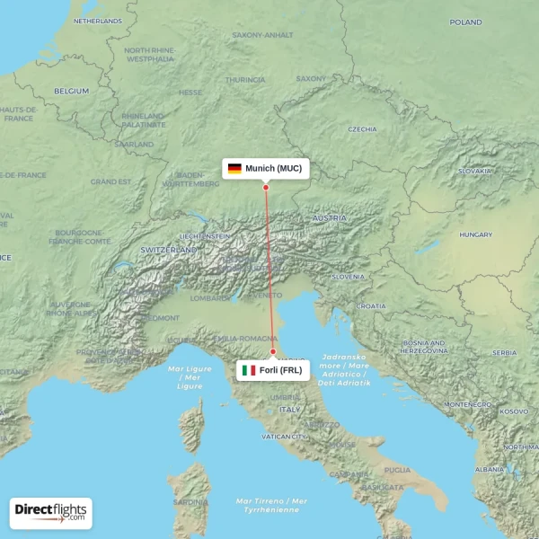 Munich - Forli direct flight map