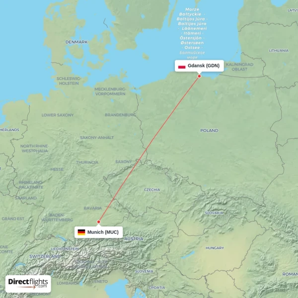 Munich - Gdansk direct flight map