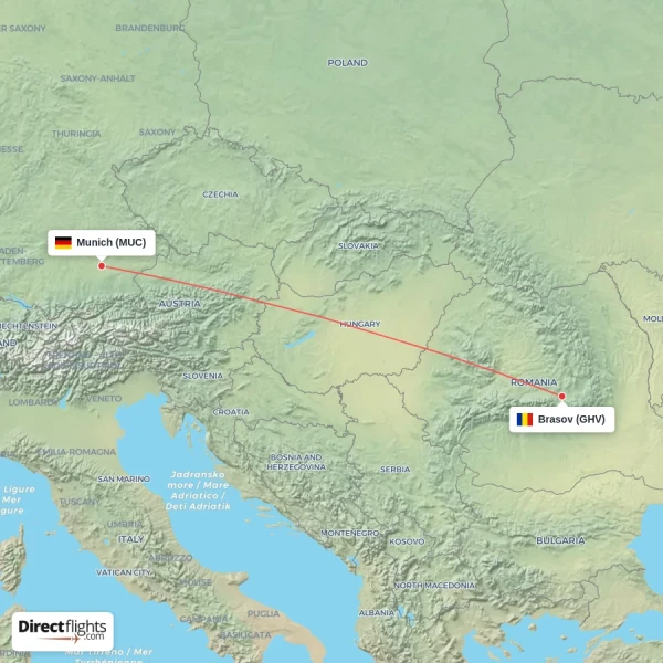Munich - Brasov direct flight map